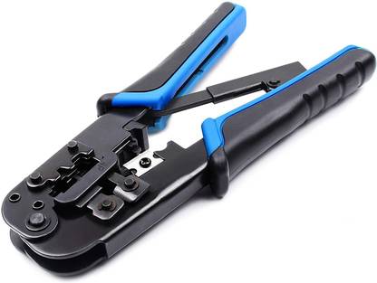 Jihaan Modular Network RJ45 RJ11 RJ12 Crimping Tool Wire Stripper/Wire Cutter RJ45, RJ12 RJ11 8P/6P/4P /CAT5/CAT5e All in One Crimping Tool, Black & Blue Manual Crimper