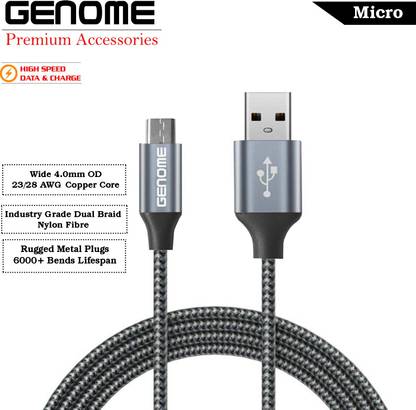 Genome Lightning Cable 1 m Premium Micro USB Charging Cable for Android Devices - 2.4A Fast Charge - 480Mbps High Speed Data Transfer - 1m Long - Strong Dual Braided Nylon Fibre Material with Rugged Metal Plugs
