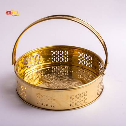SHRI ANAND Pure Brass traditional design Laxmi Basket Round Shape Basket for pooja essential Diameter (24cm) Brass Flower Basket