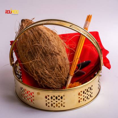 Rolimoli Pure Brass traditional design Laxmi Basket Round Shape Basket for pooja essential Diameter (20) Brass Flower Basket