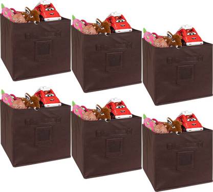 PrettyKrafts Collapsible Fabric Storage Cubes Organizer with Lid, Large, Beige- Brown Pack of 6 Storage Box