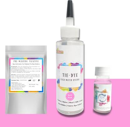 KADAM Tie Dye Soft Pink, Cold Water Fabric Dye Color, 100mL Bottle with Prewashing Fixative mini and DyFix mini bottle