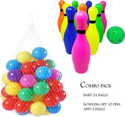 MINIKIDZ Combo Pack 24 BALLS and BOWLING SET 10 Pins and 2 Balls Premium Multicolour Balls for Kids Pool Pit/Ocean Ball Without Sharp Edges Soft Balls for Toddler Play Tents & Tunnels Indoor & Outdoor Bath Toy Bath Toy