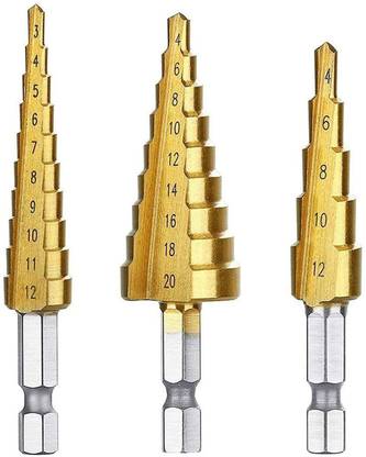 Pइंडिया 3Pcs 12/4-12/4-20 mm HSS Titanium Coated Step Drill Bit Set, 1/4" Hex Shank Drive Quick Change High Speed Steel Cone Drill Bit for Wood, Sheet, Metal Hole Drilling Drill Bit Set