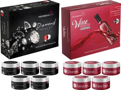 PROFESSIONAL FEEL DIAMOND + WINE SKIN WHITENING Facial Kit, Unisex For Fairness, Skin Whitening, Instant Glow (In-stat Glow Face Best Facial Kit Ever in India) (Set of 5)