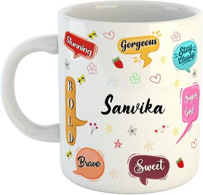 ARTBUG Sanvika Name Ceramic Coffee for Girls - Best Birthday Gift for Daughter, Sister, Girlfriend, Wife, Return Gift - Color - White, Name -Sanvika Ceramic Coffee Mug