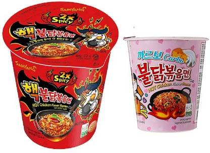 Samyang Hot Chicken 2X Spicy Buldak Cup Noodle,70gm (PK1) &Carbo Hot Chicken Flavour Raman Cup Noodles, 70mg PK1 (Pack Of 2) 140gm (Combo pack ) Imported Cup Noodles Non-vegetarian