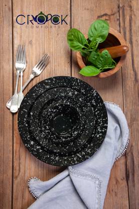 Crock Comforts Black Marble Look Dinner Set Including Dinner Plates (10 inch) with Quarter Plate (7 inch) and Free Bowl (4 inch) -(Black, Set of 1, Microwave & Dishwasher Safe, CC- BMS01) Dinner Plate