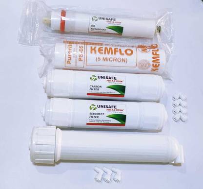 UNISAFE AQUA RO SYSTEM RO KIT MEMBRANE HOUSING + 80 GPD MEMBRANE + SEDIMENT FILTER + CARBON FILTER + KEMFLO SPUN WITH SEVEN ELBOW FOR ALL RO WATER PURIFIER (0.005 PACK OF 12) Solid Filter Cartridge