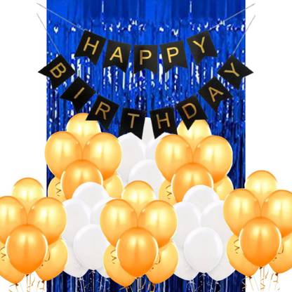 B4 Birthday Party Decoration Kit Blue Happy Birthday Banner, 30 White, Gold Decoration Balloons 1 Blue Fringe Shining Curtain