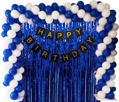 B4 Birthday Party Decoration Kit Blue Happy Birthday Banner, 30 White, Dark Blue beautiful arch Balloons 1 Blue Fringe Shining Curtain