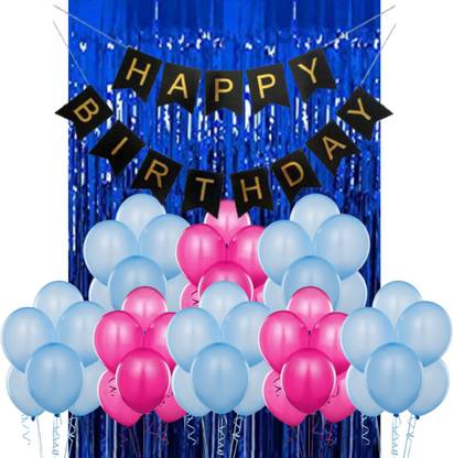 B4 Birthday Party Decoration Kit Blue Happy Birthday Banner, 30 Light Blue, Metallic Pink Decoration Balloons 1 Blue Fringe Shining Curtain