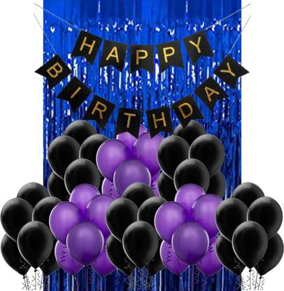 B4 Birthday Party Decoration Kit Blue Happy Birthday Banner, 30 Black, Purple Decoration Balloons 1 Blue Fringe Shining Curtain