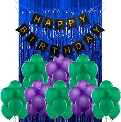 B4 Birthday Party Decoration Kit Blue Happy Birthday Banner, 30 Green, Purple Decoration Balloons 1 Blue Fringe Shining Curtain