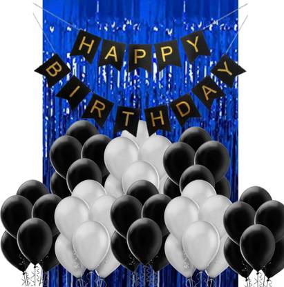 B4 Birthday Party Decoration Kit Blue Happy Birthday Banner, 30 Metallic Black, Metallic Silver Decoration Balloons 1 Blue Fringe Shining Curtain