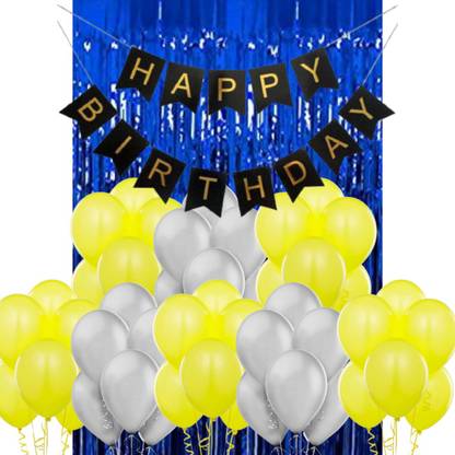 B4 Birthday Party Decoration Kit Blue Happy Birthday Banner, 30 Yellow, Silver Decoration Balloons 1 Blue Fringe Shining Curtain
