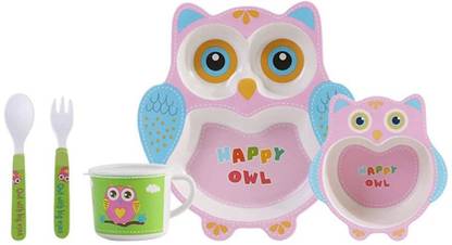 WISHKEY Pack of 5 Bamboo Cute Owl Shape Bamboo Fibre Dinner Set for Toddler Kids, Weaning and Feeding Dining Set for Babies Meal Time Dinner Set