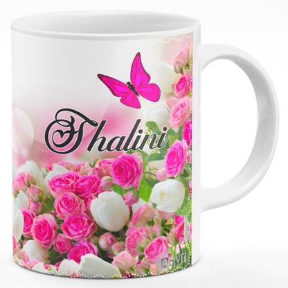 ADVR "Shalini" Name Printed on Beautiful Butterflies, Pink & White Roses Theme (A00A20BCDI) Ceramic Coffee Mug