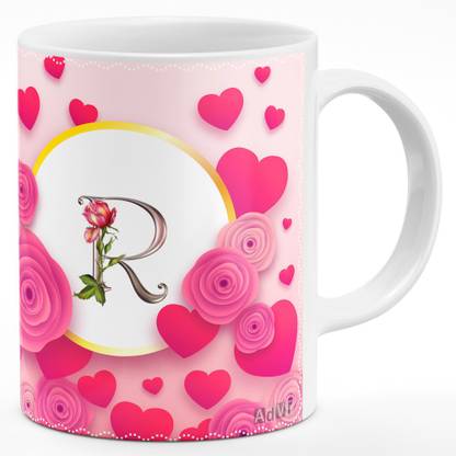 ADVR Alphabet letter "R" Printed on beautiful round-shape roses & hearts design (BFB0210GDD) Ceramic Coffee Mug