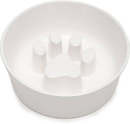 WIGGLE TWIDDLE White Solid Melamine Paw Design Slow Feeder Premium Dog Bowl - 600ml Round Melamine Pet Bowl