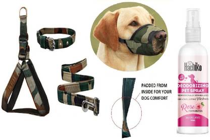 Hachiko Best Quality Dog Padded Belt Harness+Leash+Collar+Dog Mouth Muzzle(Combo of 4) Dog Harness & Leash