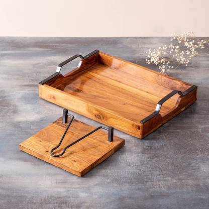 nestroots Wooden Serving Tray & Napkin Holder Combo for Dining Table | Tissue Paper Holder with Tray Gifts ( Black ) Tray