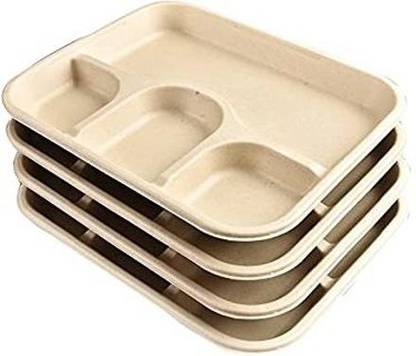 KRISHNA 4 Compartment Sugarcane Bagasse Disposable Plates (Pack of 25), 12 x 10 Inches Dinner Plate