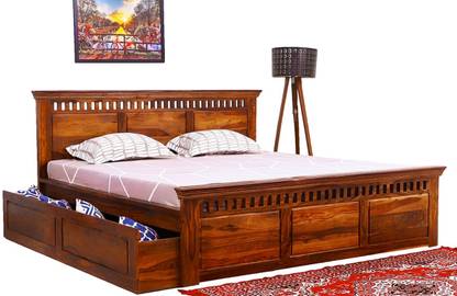 Bednetic Solid Sheesham Wood King Size Trundle Bed With Drawer Storage For Bed Room. Solid Wood King Drawer Bed