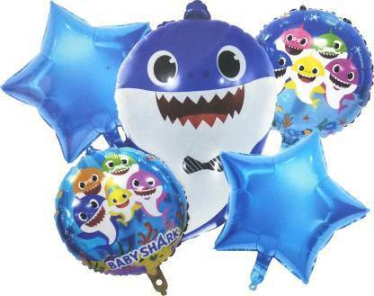 decokart Shark Shaped Foil Balloon with 2 Round Shaped Foil Balloons and 2 Star Shaped Foil Balloons Party Balloons Pack of 5 Animal Theme Balloons for Birthday, Wedding, Anniversary, Baby Shower, Celebrations and Many More Occasions Balloon Bouquet (Blue, Pack of 5)