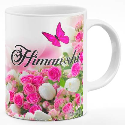 ADVR "Himanshi" Name Printed on Beautiful Butterflies, Pink & White Roses Theme (0D0B20AEDH) Ceramic Coffee Mug