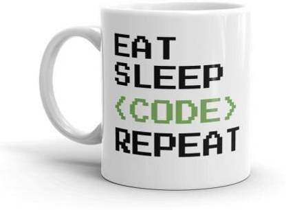 ZORI Premium Quality Eat Sleep Code Repeat Printed Glossy Finished , 1 Piece, White, 330ml Ceramic Coffee Mug