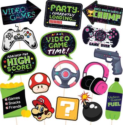 ZYOZI Funny Game Zone - Pixel Video Game Party or Birthday Party Photo Booth Props Kit - 16 Piece Photo Booth Board