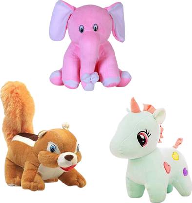 Toyhaven Special combo pack of Adorable and plush stuffed toy/ SITTING ELEPHANT, UNICORN and SQUIRREL / soft toys for kids, gifting, birthdays and anniversaries  - 25 cm