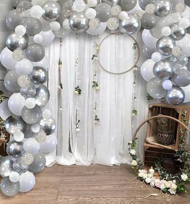R G ACCESSORIES Silver Colour Party Decorations Balloon For All - 43 pcs combo – Silver Confetti Balloon, Silver and White balloon 1pcs each Arch Glue dot, pump – Silver Party Decoration