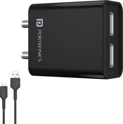 Portronics 12 W 2.4 A Multiport Mobile Charger with Detachable Cable  (Black, Cable Included) at Rs. 231
