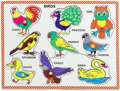 Ashmi Pine Wood Colorful Different Birds with Picture Knobs Learning & Educational Tray Puzzle for kids Pre-School Toddlers Age 2 And Above Size 9 x 12 Inch
