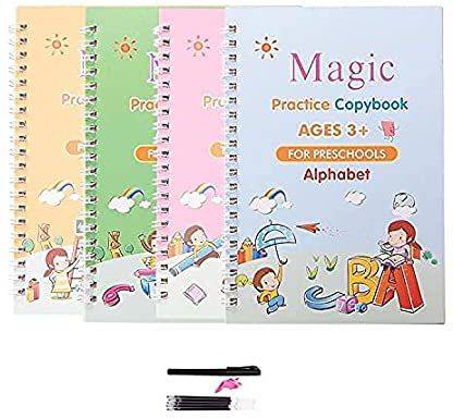 SHAIMON Sank Magic Practice Copybook, Number Tracing Book for Preschoolers with Pen, Magic Calligraphy Copybook Set Practical Reusable Writing Tool Simple Hand Lettering (4 Books + 5 Refill)