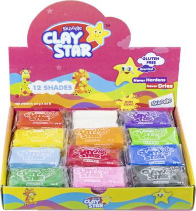 SKOODLE Clay Star Re-usable||Non-Drying and Non-Hardening Clay||60 gms bars||Set of 24||2 each of 12 colours||Perfect for Arts and Crafts Projects
