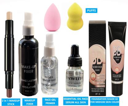 INWISH primer concealer foundation face serum makeup fixer and puff combo set PACK OF 7 with 02 shade foundation for medium skin color tone