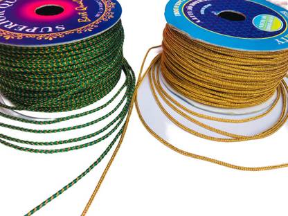 KFLACE GREEN+GOLDEN-DORI (combo pack of 2 pice Width- 2 mm 15+15=30 meter, Green colour 1 pice & golden colour 1 pice) best quality material each best quality threads in polyester & Golden Zari threads best uses in blouse dori, saree, mangalsutra, lace border and other craft material Lace Reel