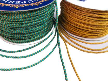 KFLACE RAMA+GOLDEN-DORI (combo pack of 2 pice Width- 2 mm 15+15=30 meter, RAMA colour 1 pice & golden colour 1 pice) best quality material each best quality threads in polyester & Golden Zari threads best uses in blouse dori, saree, mangalsutra, lace border and other craft material Lace Reel