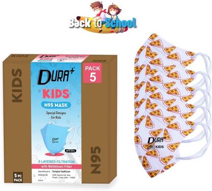duraplus Pizza Party Design Kids N95 FFP2 NIOSH Standard Medical Grade Earloop Face Mask with 1 Layer of Meltblown, (BFE 99%, PFE 95%) BIS ISI DRDO Certified, Box of 5 Pcs Reusable Reusable