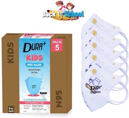 duraplus Hippo Design Kids N95 FFP2 NIOSH Standard Medical Grade Earloop Face Mask with 1 Layer of Meltblown, (BFE 99%, PFE 95%) BIS ISI DRDO Certified, Box of 5 Pcs Reusable (+ 1 Free Masks) Reusable Cloth Mask