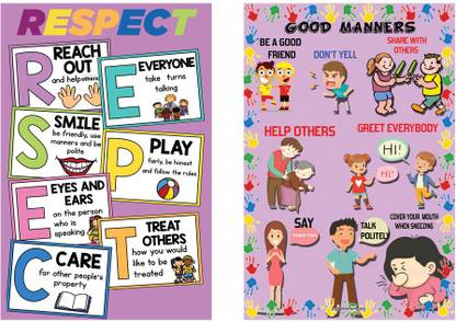 Decorative Wall Posters|Learning Sticker Poster For Children|Good Manners|Respect|Pack Of 2|Decorative Poster|Perfect For Kids Room, School Corridors, Libraries|Poster For Decoration|Self Adhesive Paper poster Paper Print