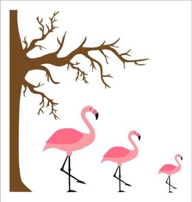 Byte Studio 66 cm flamingo family under a tree PVC vinyl multicolor wall sticker size :- 66 Cm X 70 Cm Self Adhesive Sticker