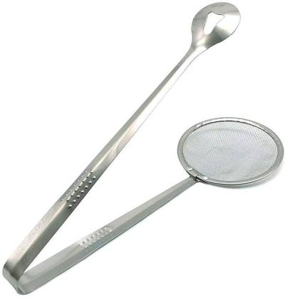 HOME SMART Frying Tong with Clip and Mesh Strainer for Kitchen (1Pc) 10 cm Serving Tongs