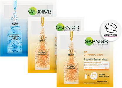 GARNIER Sheet Masks Combo - 2 Fresh Mix Vitamin C Serum Face Masks (Orange) + 1 Fresh Mix Hyaluron Shot Booster Face Mask (Blue)