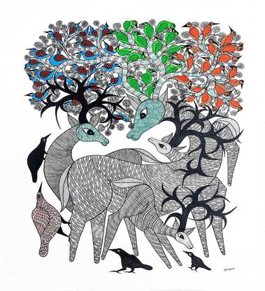 Bastar Arts Canvas Nature Gond art Painting Handmade Digital Reprint 30 inch x 23 inch Painting