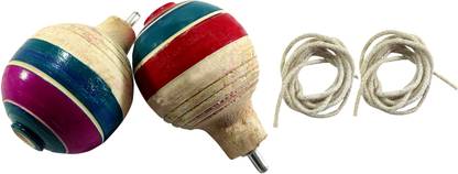 Sky Traditional Wooden Spinning Top Lattoo with Thread Pambaram,Bambaram,Buguri,Bongaram Crown Game (Multicolour) Pack of 2