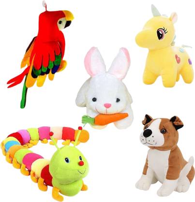Toyhaven Exclusive combo of 5 adorable and lovely soft toys for kids and special occasions/ BULLDOG, CATERPILLAR, RABBIT, UNICORN and MUSICAL PARROT/ special stuffed toys for gifting and decoration  - 25 cm
